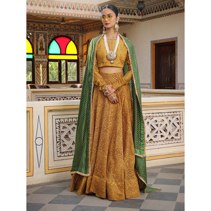 Amoree Womens Checks Yellow Lehenga with Stitched Blouse and Dupatta