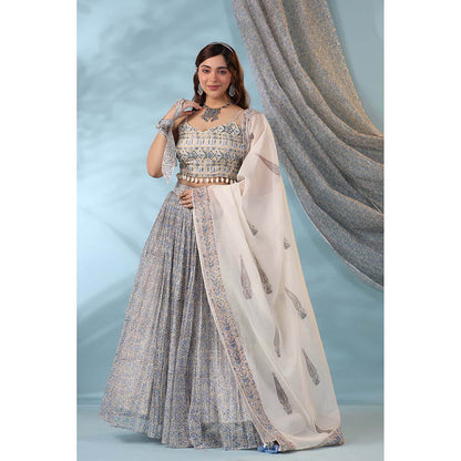 Amoree Womens Printed Blue Lehenga with Stitched Blouse and Dupatta
