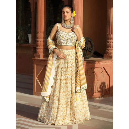 Amoree Womens Floral Cream Lehenga with Stitched Blouse and Dupatta