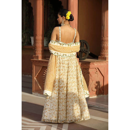 Amoree Womens Floral Cream Lehenga with Stitched Blouse and Dupatta