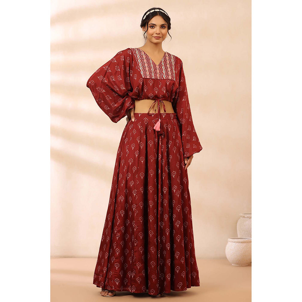 Amoree Womens Printed Maroon Lehenga with Stitched Blouse