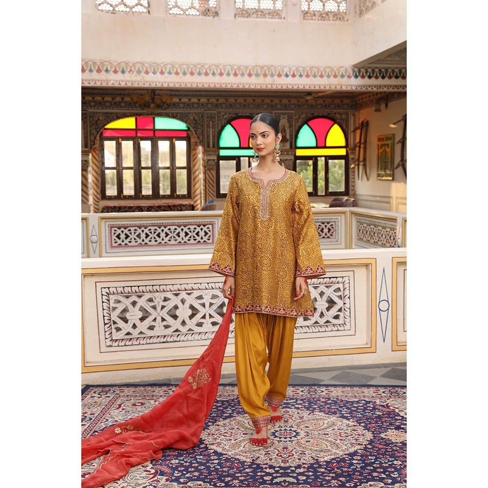 Amoree Gold Yellow Jaal Hand Block Print Short Kurti with Salwar and Dupatta