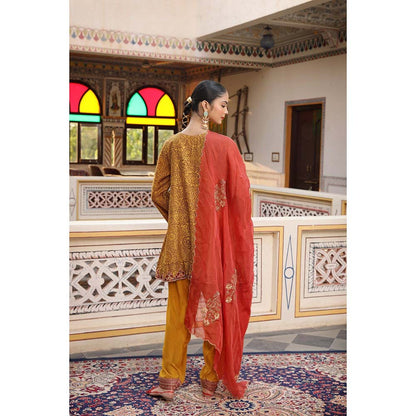 Amoree Gold Yellow Jaal Hand Block Print Short Kurti with Salwar and Dupatta