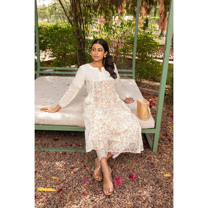 Amoree White Gul Gather Dobby Floral Print Kurta and Pant