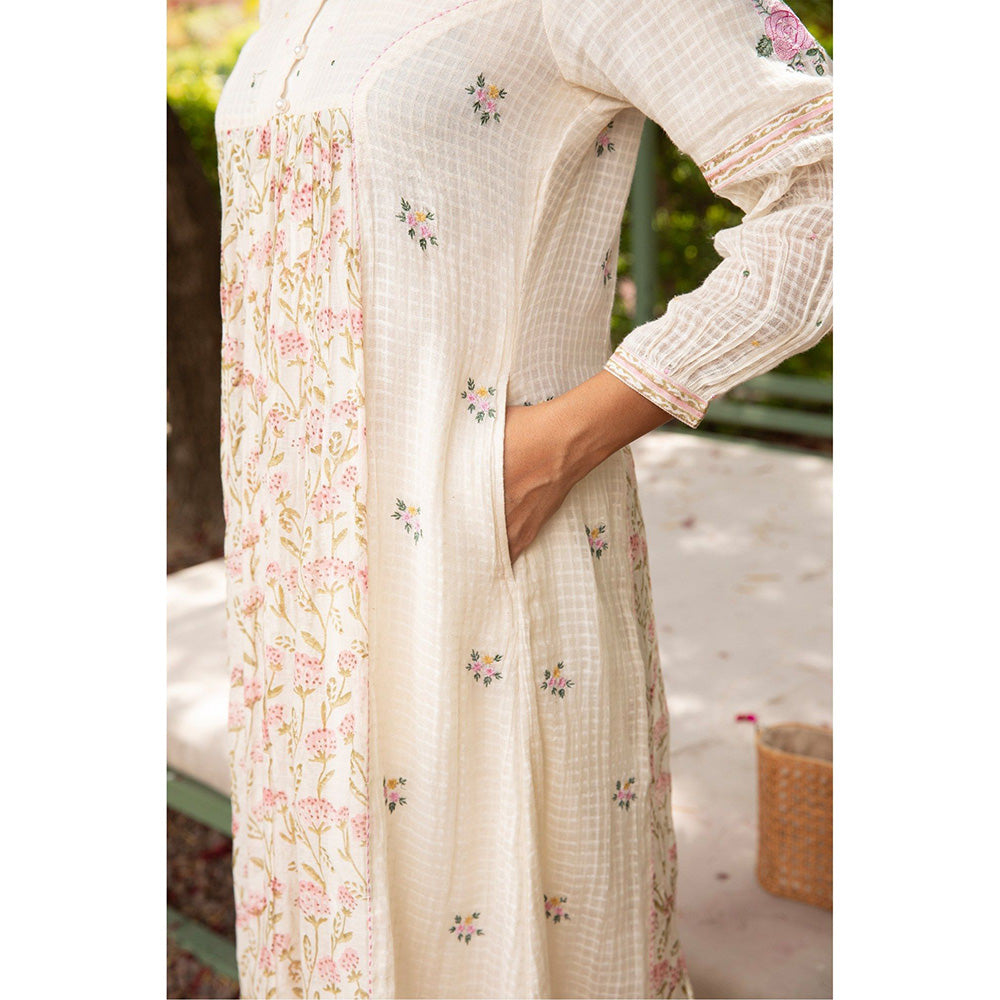 Amoree White Gul Gather Dobby Floral Print Kurta and Pant