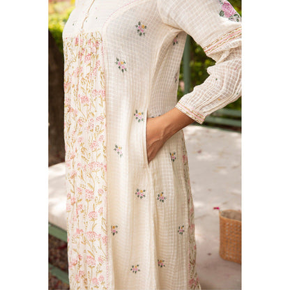 Amoree White Gul Gather Dobby Floral Print Kurta and Pant