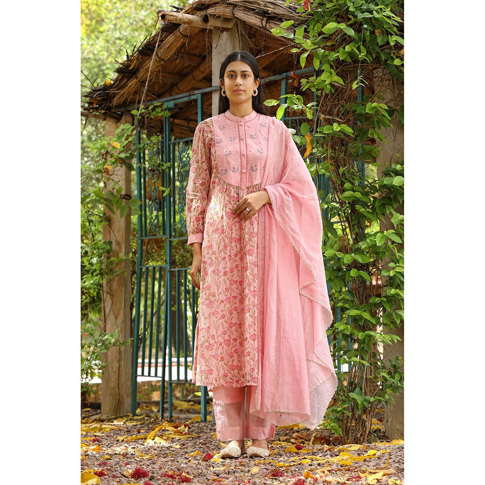 Amoree Pink Bougan Floral Print Kurta with Pant & Dupatta