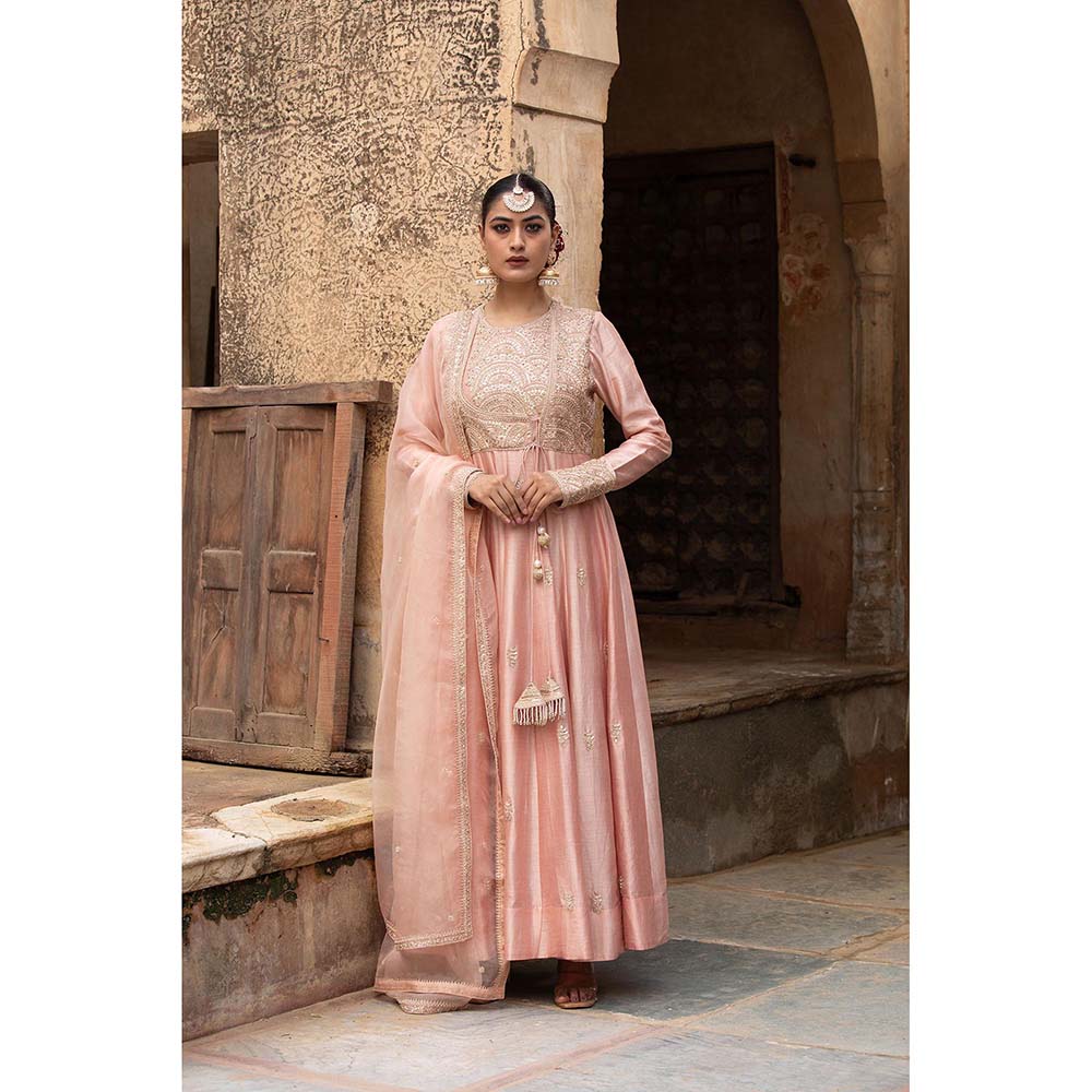 Amoree Peach Chanderi Anarkali with Pant and Dupatta