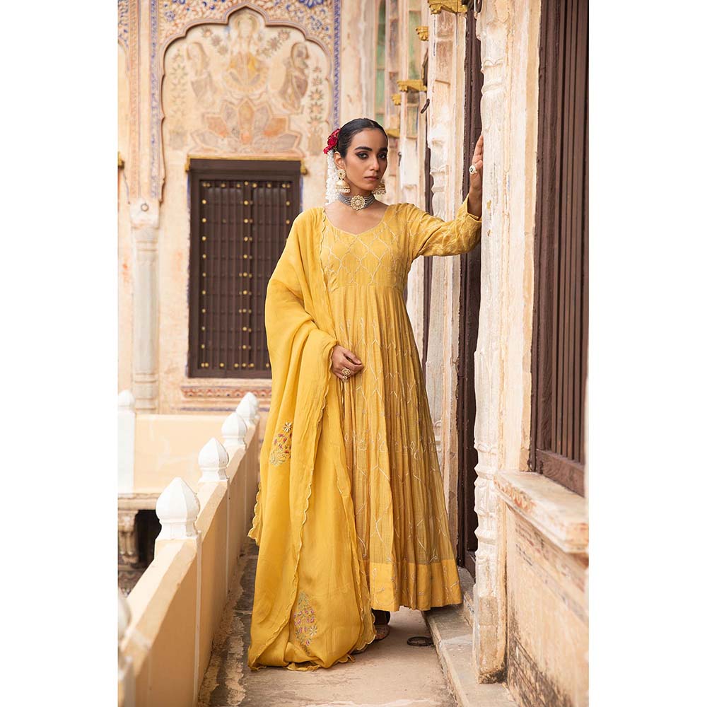 Amoree Yellow Chanderi Anarkali with Pant and Dupatta