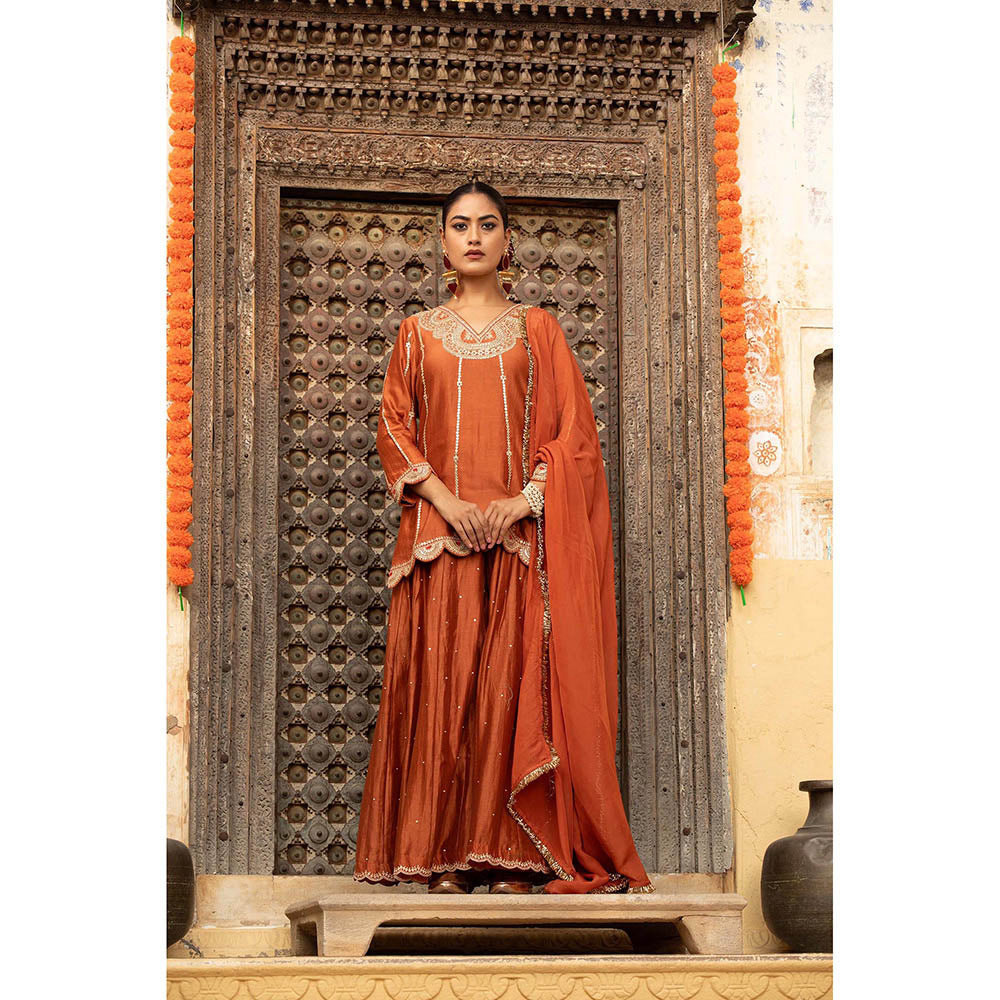 Amoree Brown Flared Sharara with Kurti and Dupatta