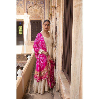 Amoree Beige Chanderi Anarkali with Pant and Dupatta