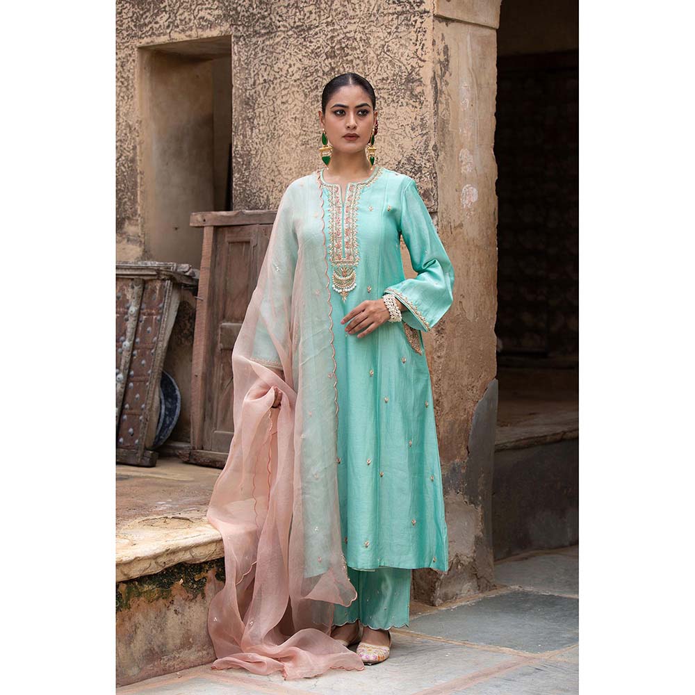 Amoree Turquoise Anarkali with Pant and Dupatta
