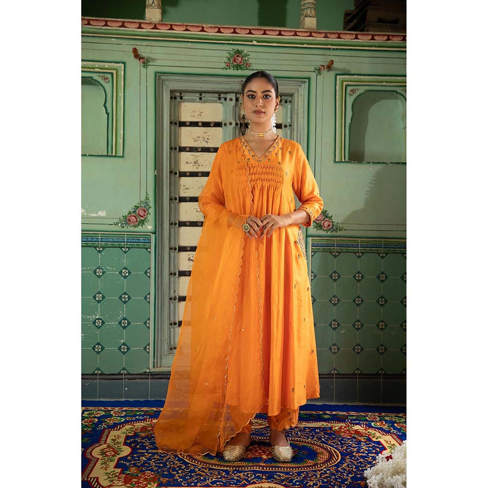 Amoree Orange A-Line Chanderi Silk Kurta with Pant and Dupatta
