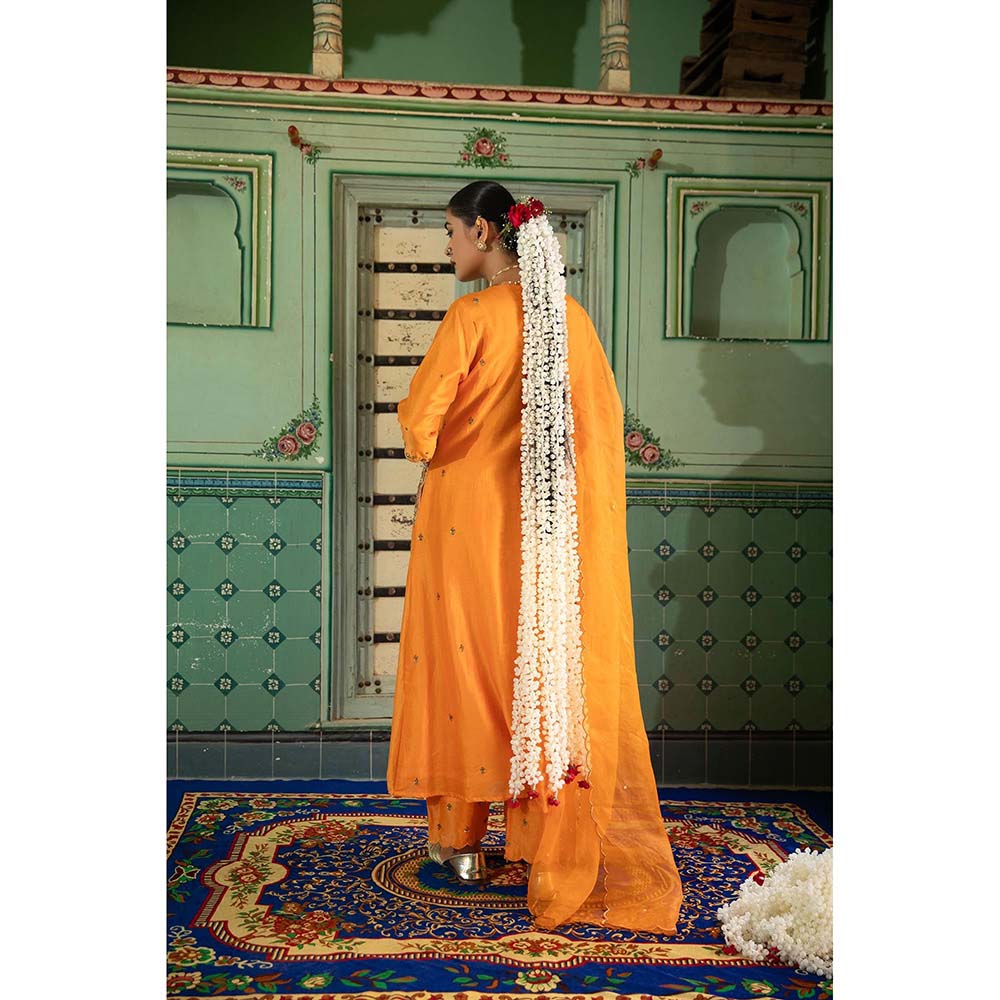 Amoree Orange A-Line Chanderi Silk Kurta with Pant and Dupatta