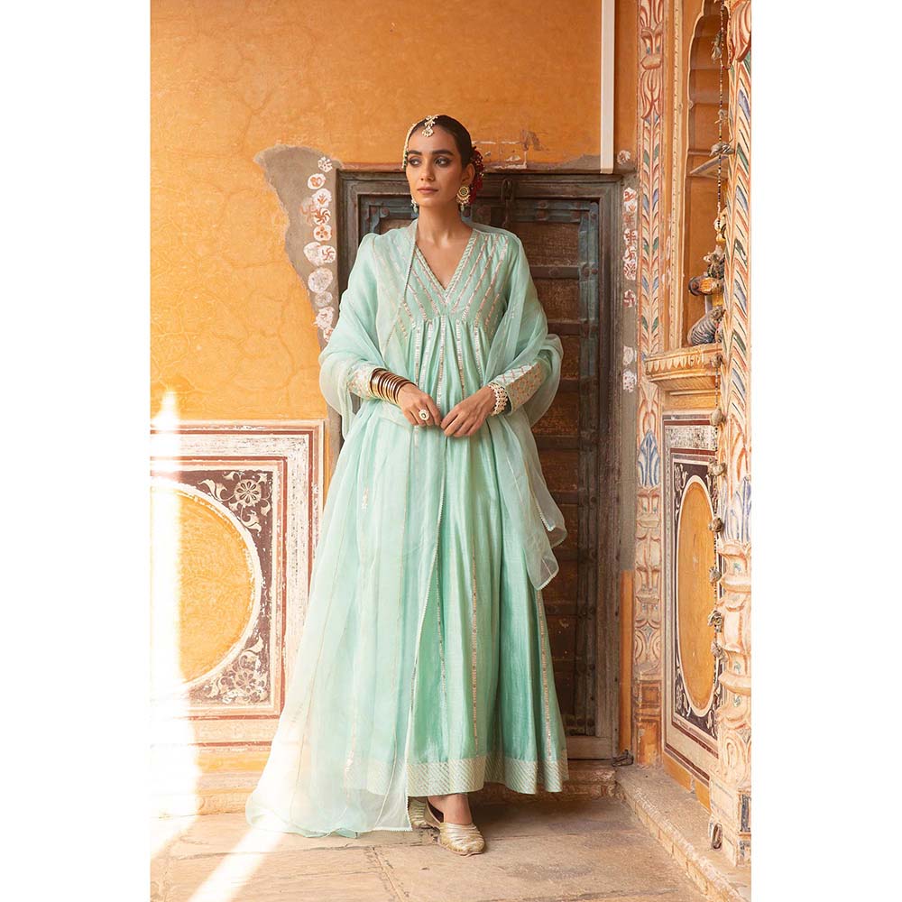 Amoree Turquoise Anarkali with Pant and Dupatta