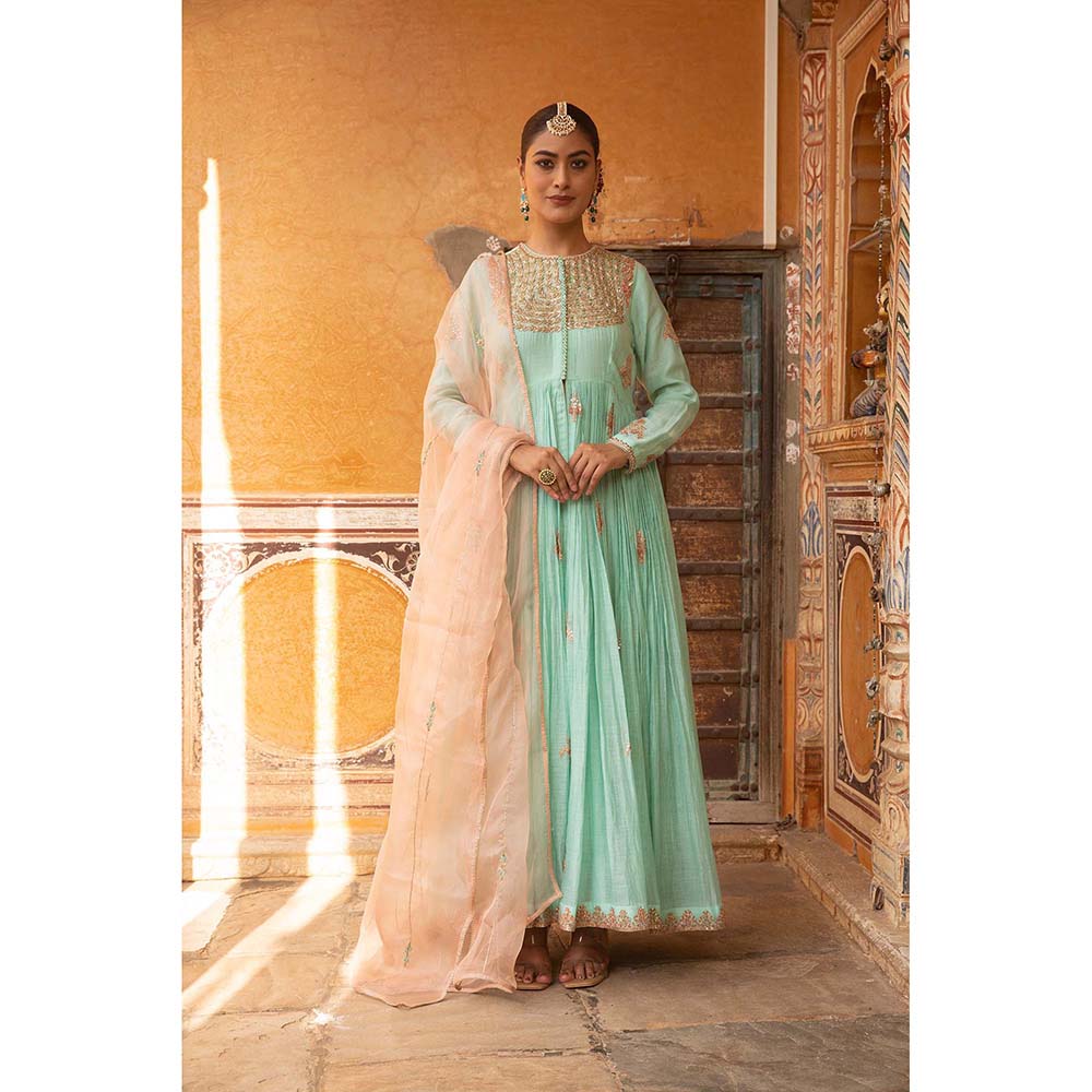 Amoree Turquoise A Line Suit With Front Slit Anarkali With Pant And Dupatta
