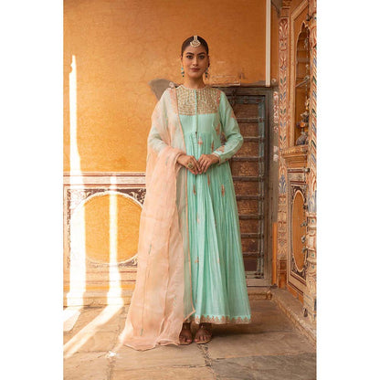 Amoree Turquoise A Line Suit With Front Slit Anarkali With Pant And Dupatta