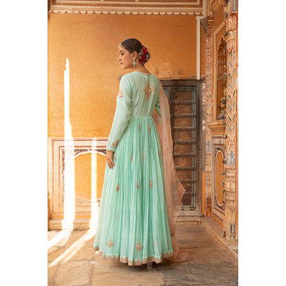 Amoree Turquoise A Line Suit With Front Slit Anarkali With Pant And Dupatta