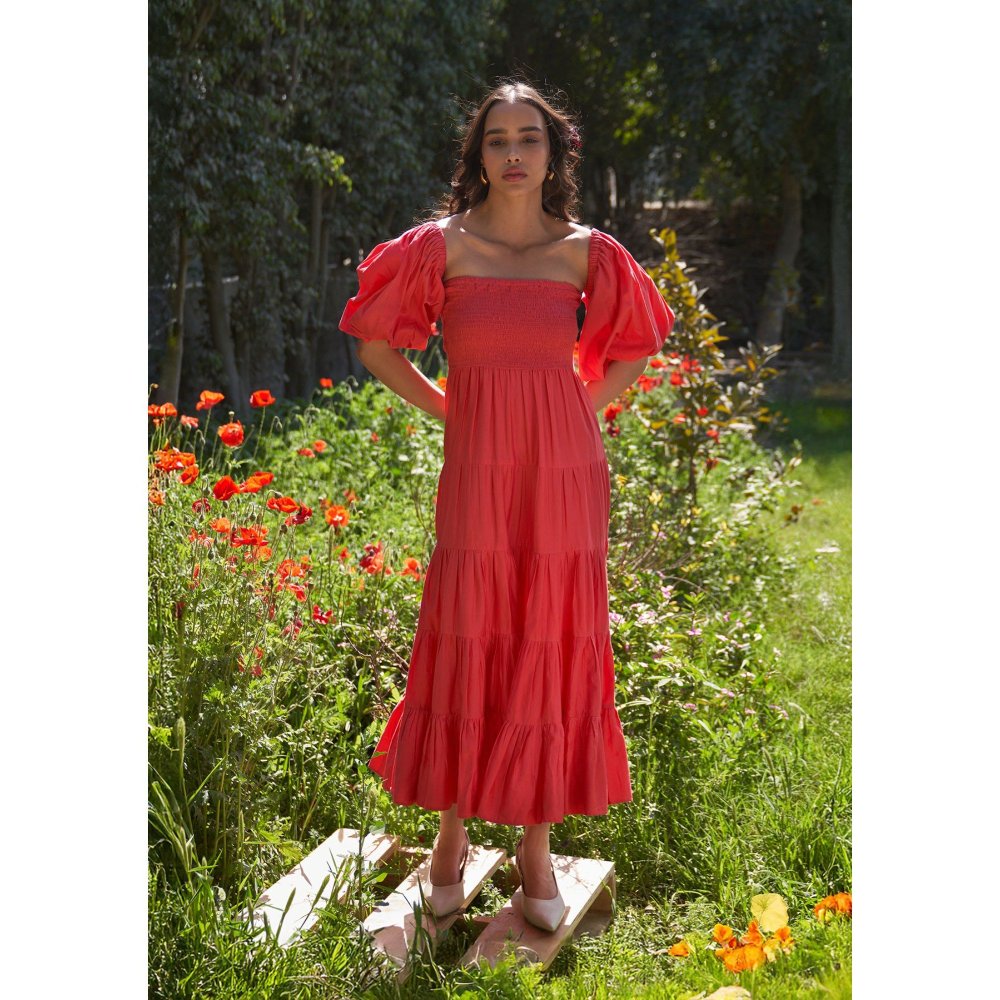 AMOSHI Beatrice Red Midi Dress With Detachable Sleeves -Vermillion (Set of 2)