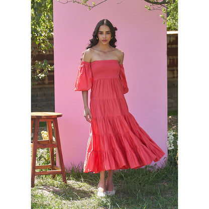 AMOSHI Beatrice Red Midi Dress With Detachable Sleeves -Vermillion (Set of 2)
