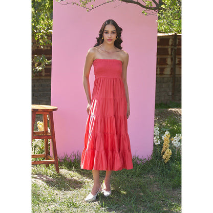 AMOSHI Beatrice Red Midi Dress With Detachable Sleeves -Vermillion (Set of 2)