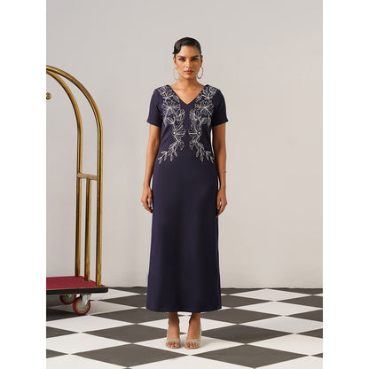 AMOSHI Women Navy Blue Polyester Maxi Dress
