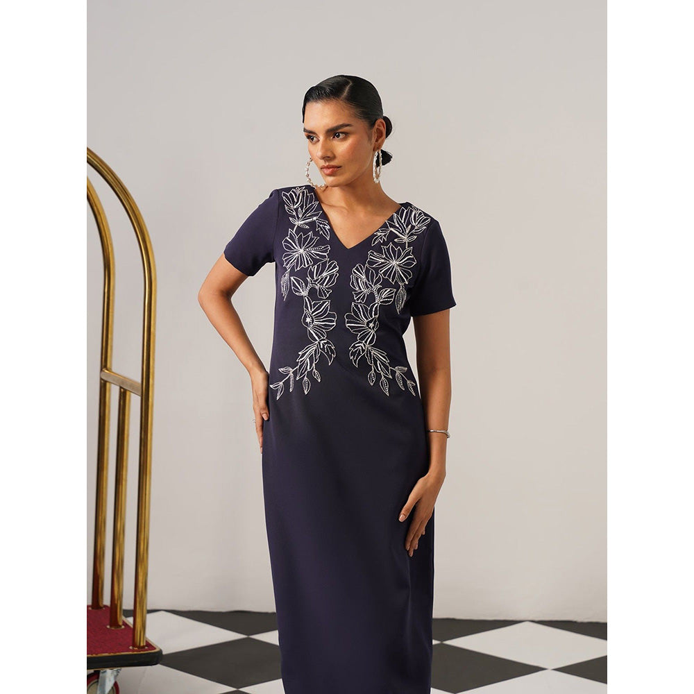 AMOSHI Women Navy Blue Polyester Maxi Dress
