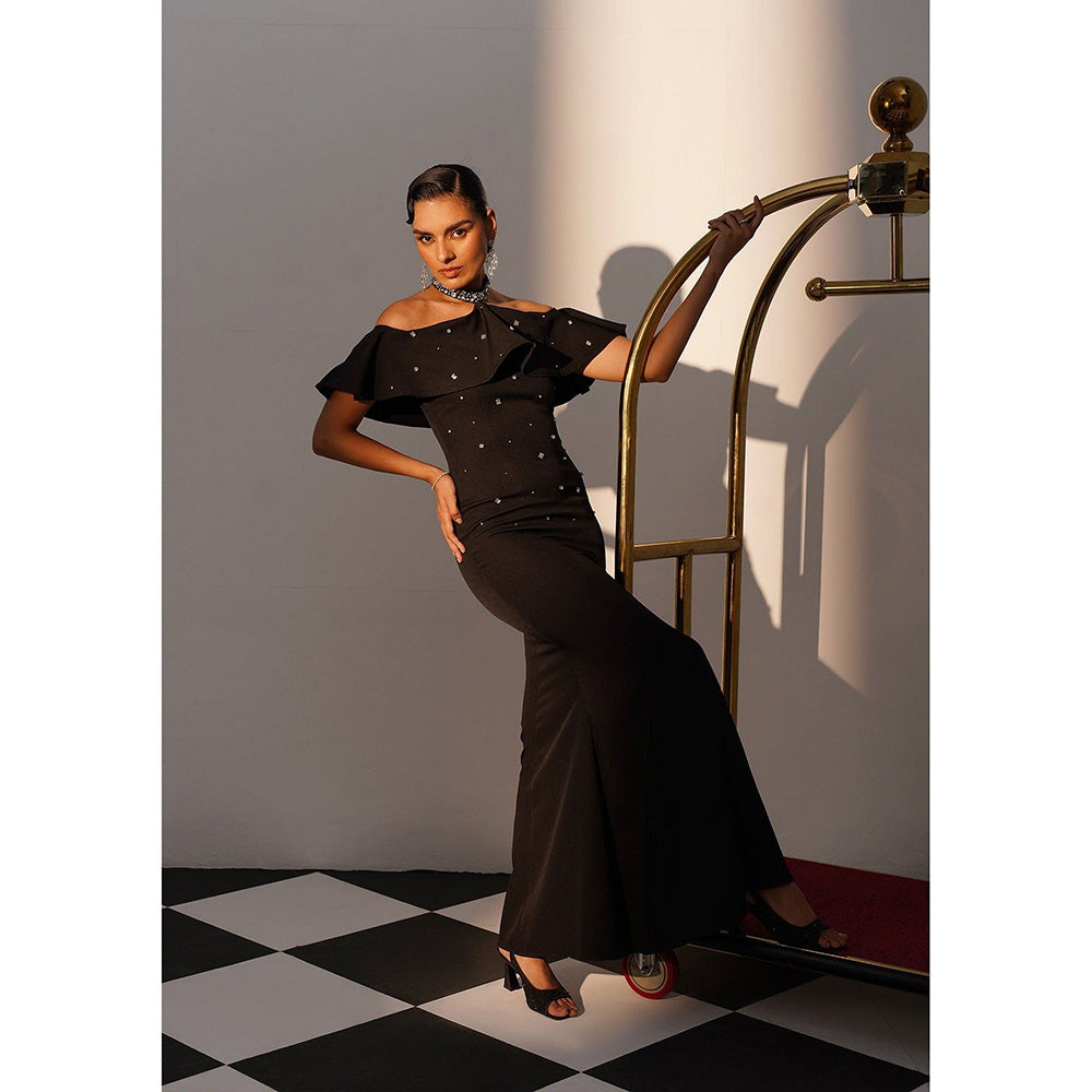 AMOSHI Women Black Polyester Gown Dress
