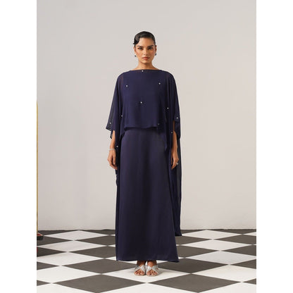 AMOSHI Women Navy Blue Satin Gown with Cape