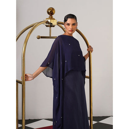 AMOSHI Women Navy Blue Satin Gown with Cape