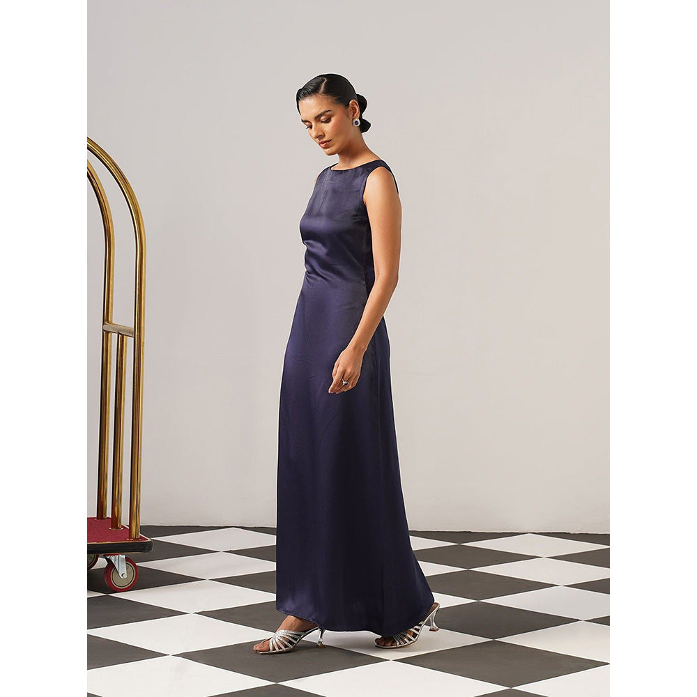 AMOSHI Women Navy Blue Satin Gown with Cape