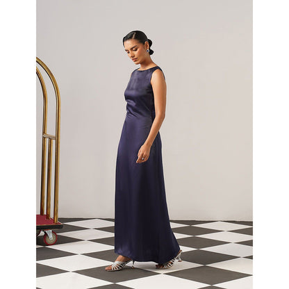 AMOSHI Women Navy Blue Satin Gown with Cape