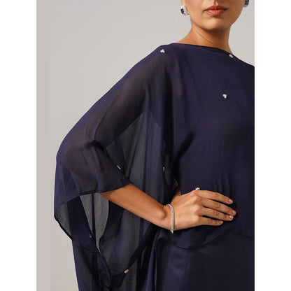 AMOSHI Women Navy Blue Satin Gown with Cape