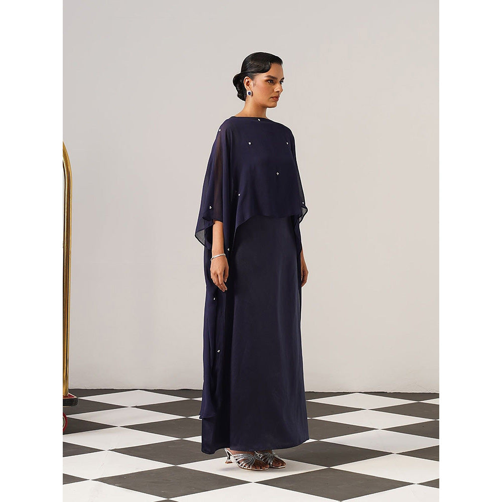 AMOSHI Women Navy Blue Satin Gown with Cape
