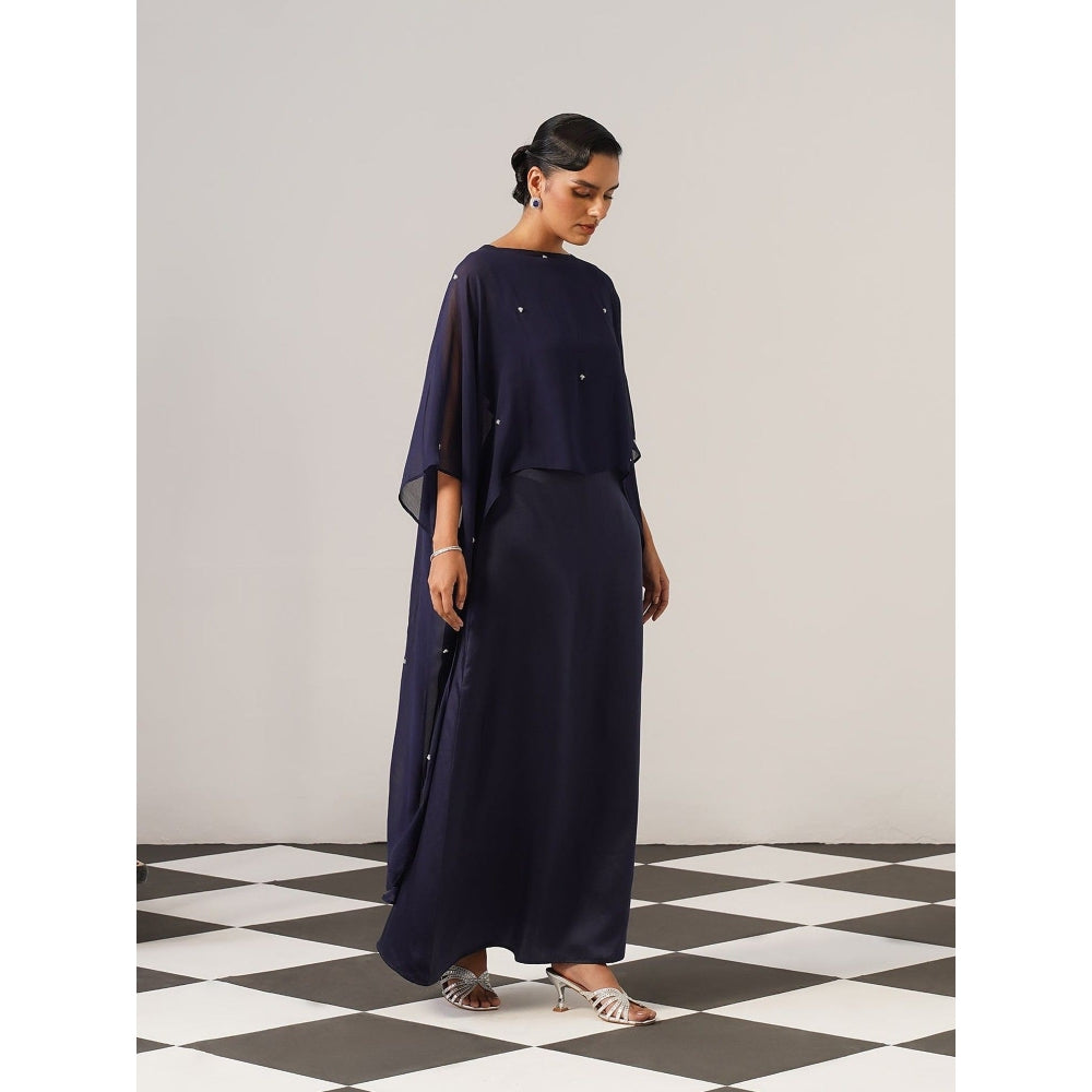 AMOSHI Women Navy Blue Satin Gown with Cape