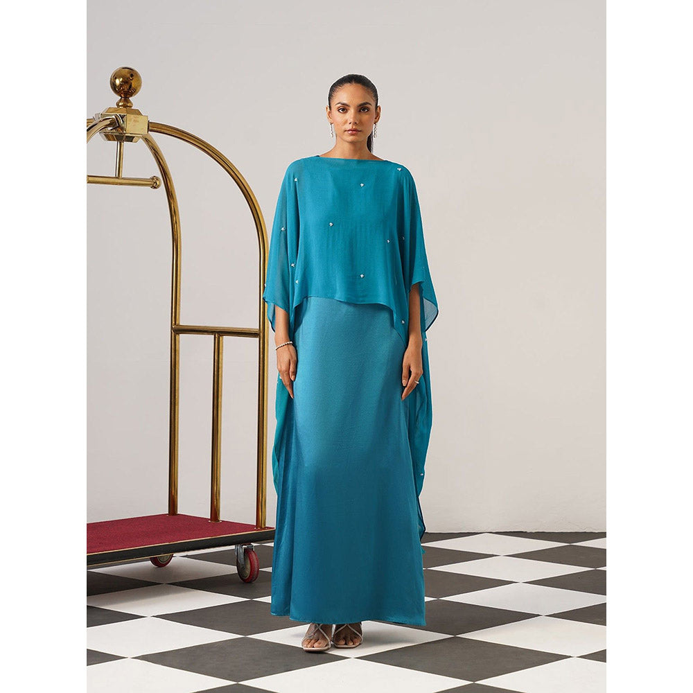 AMOSHI Women Teal Satin Gown with Cape