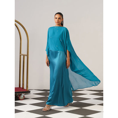 AMOSHI Women Teal Satin Gown with Cape