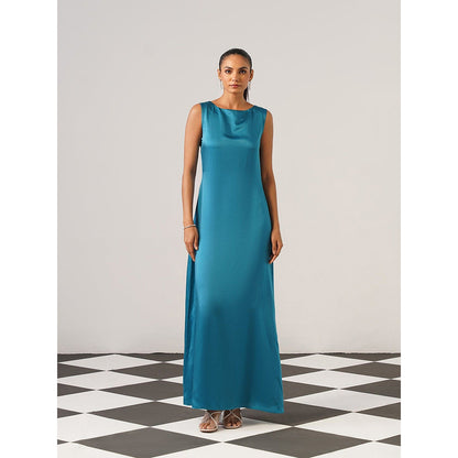 AMOSHI Women Teal Satin Gown with Cape