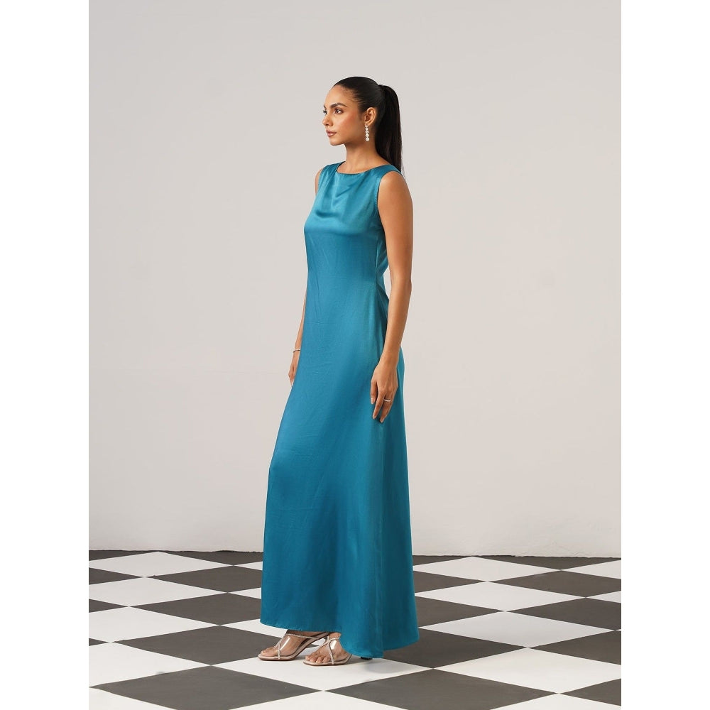 AMOSHI Women Teal Satin Gown with Cape