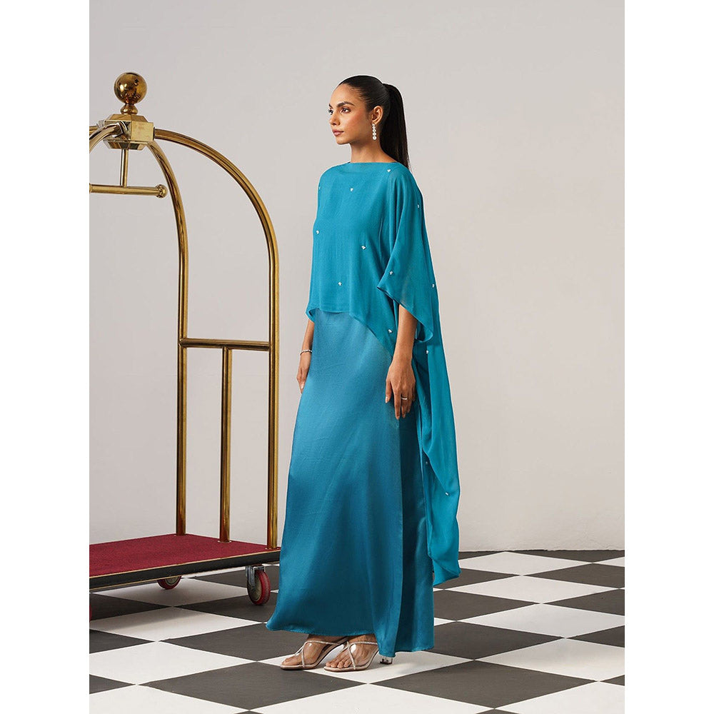 AMOSHI Women Teal Satin Gown with Cape
