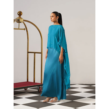AMOSHI Women Teal Satin Gown with Cape