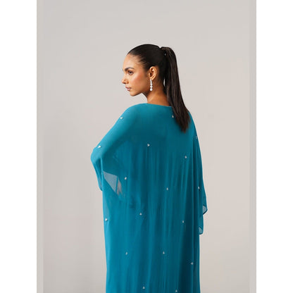 AMOSHI Women Teal Satin Gown with Cape