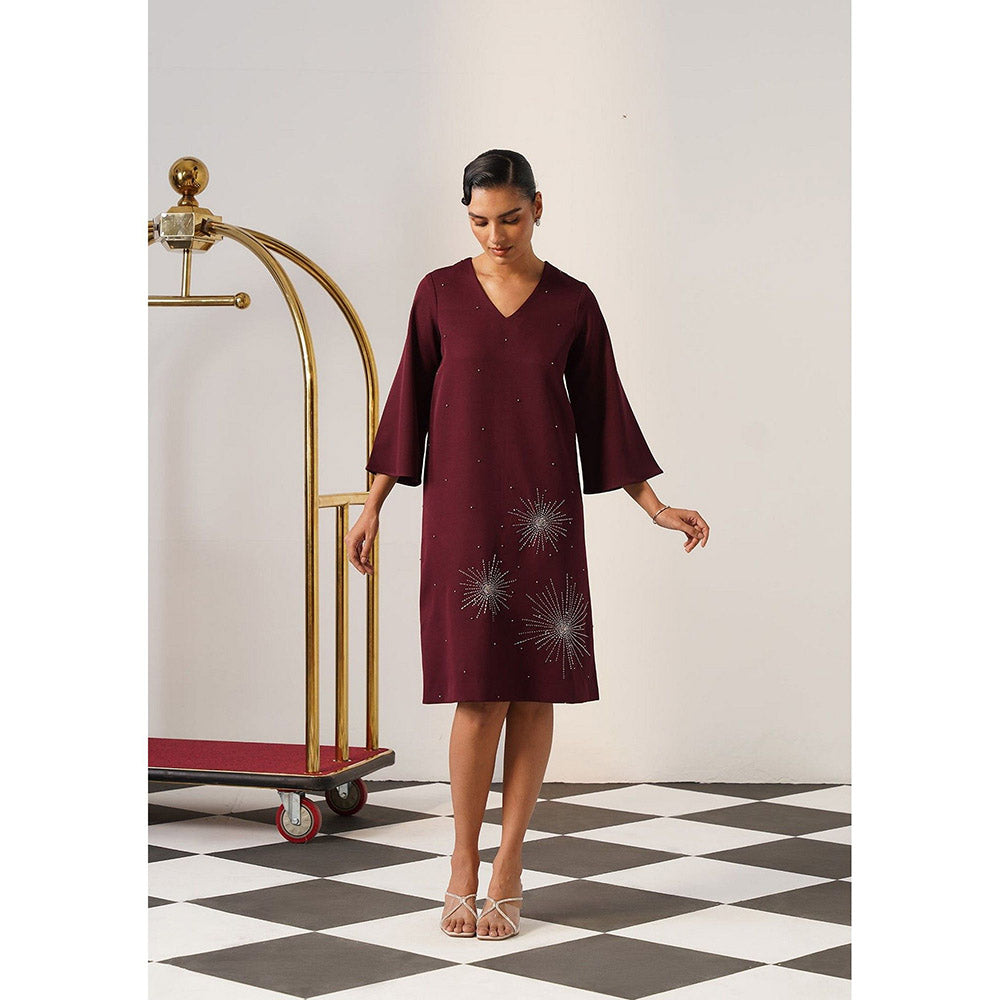 AMOSHI Women Burgundy Polyester Knee Length Dress