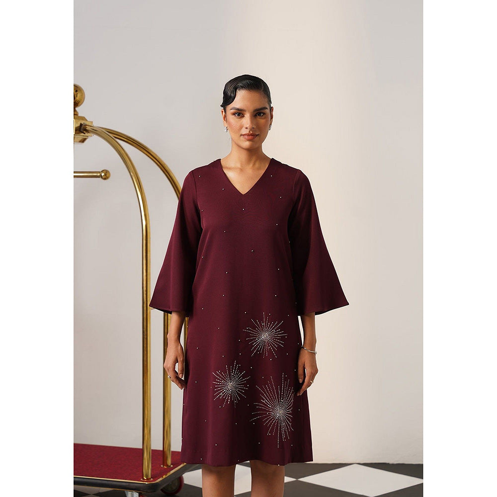 AMOSHI Women Burgundy Polyester Knee Length Dress