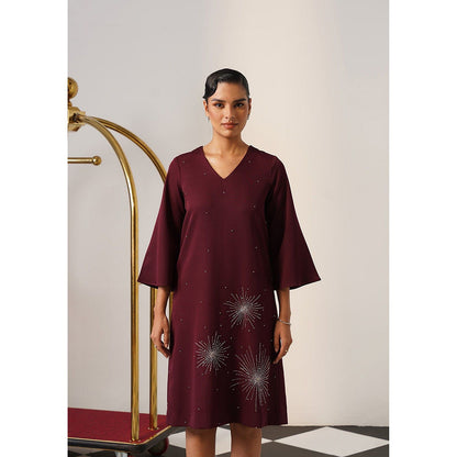 AMOSHI Women Burgundy Polyester Knee Length Dress