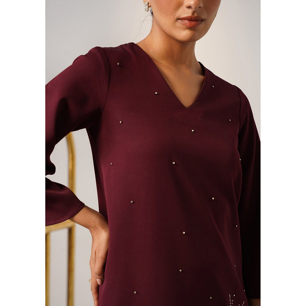 AMOSHI Women Burgundy Polyester Knee Length Dress