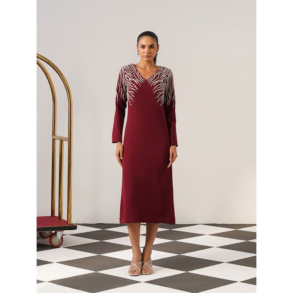AMOSHI Women Burgundy Polyester Midi Dress