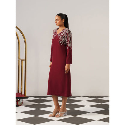 AMOSHI Women Burgundy Polyester Midi Dress