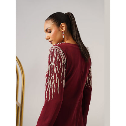 AMOSHI Women Burgundy Polyester Midi Dress