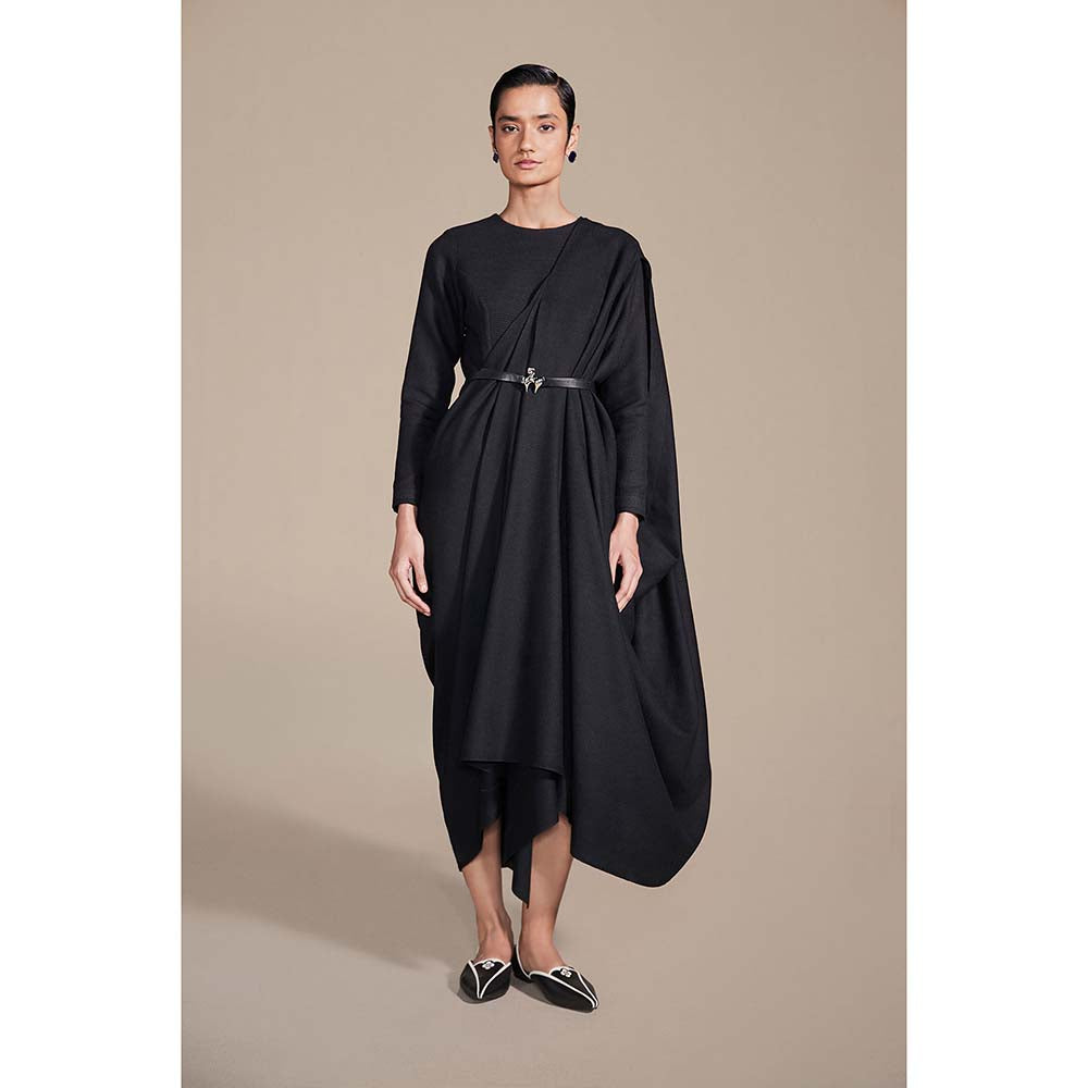 AMPM Black Nura Pre-draped Saree with Stitched Blouse and Belt